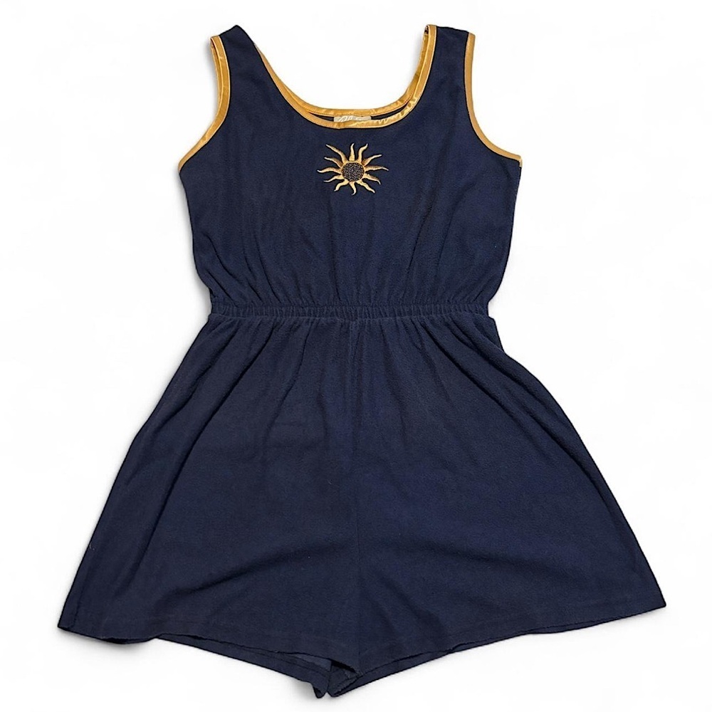 VTG Celestial Sun Terry Cloth Romper Navy Gold Embroidered Medium